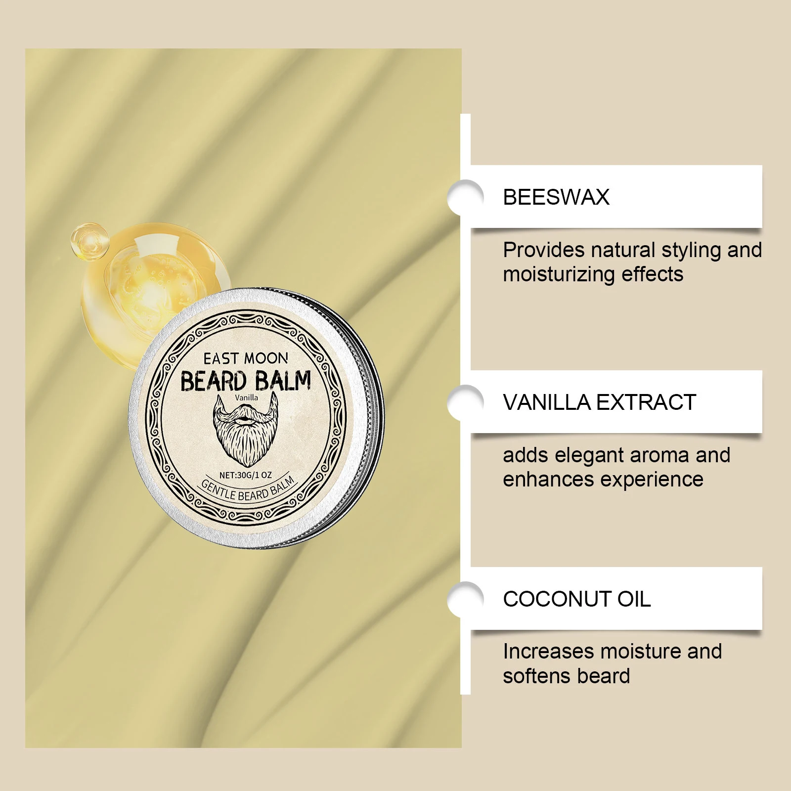 بلسم اللحية من إيست مون فانيليا، ترطيب عميق يقلل من نهايات الانقسام ويعزز النمو، نسيج خفيف الوزن، تليين العناية باللحية، الجمال