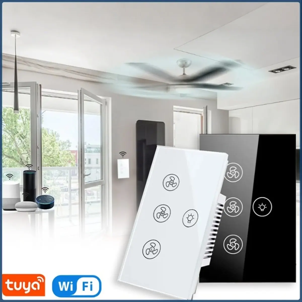 HDL Tuya Wifi Smart Switch Fan Light Ceiling Fan Light Switch Speed Adjustment for Alexa Google Home Voice Control Switch,A