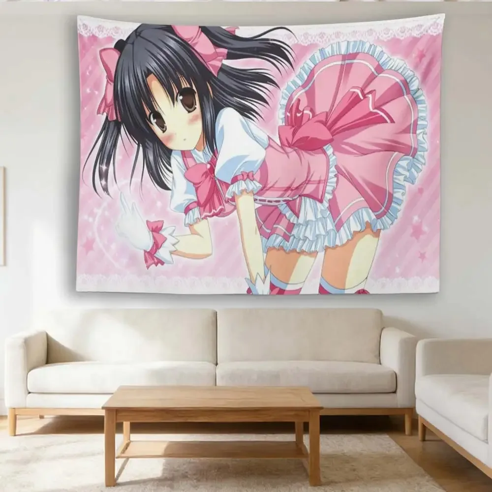 Cute Black‑Haired Anime Girl Tapestry, Sweet Pink Lolita Outfit Lace Design Wall Hanging, HD Printed Polyester Wall Decor for Gi
