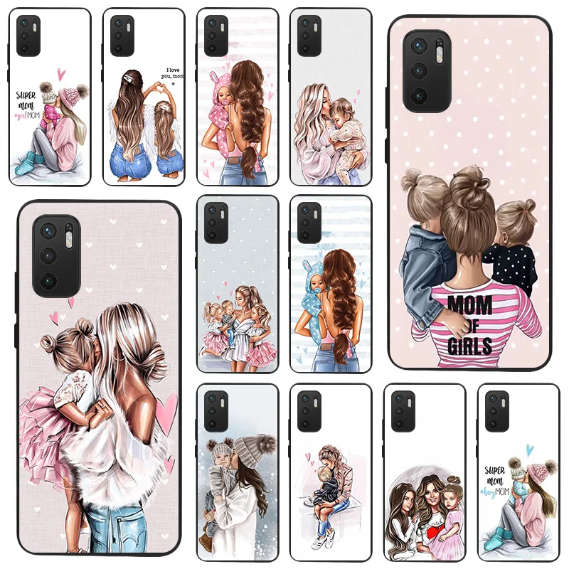 Soft Case for Xiaomi Redmi 10 10c 9a 9t 9 8 Note 11 Pro 5G 11s 11e 10 11t 9s Black Brown Hair Baby Mom Girl Son Phone Case Cover