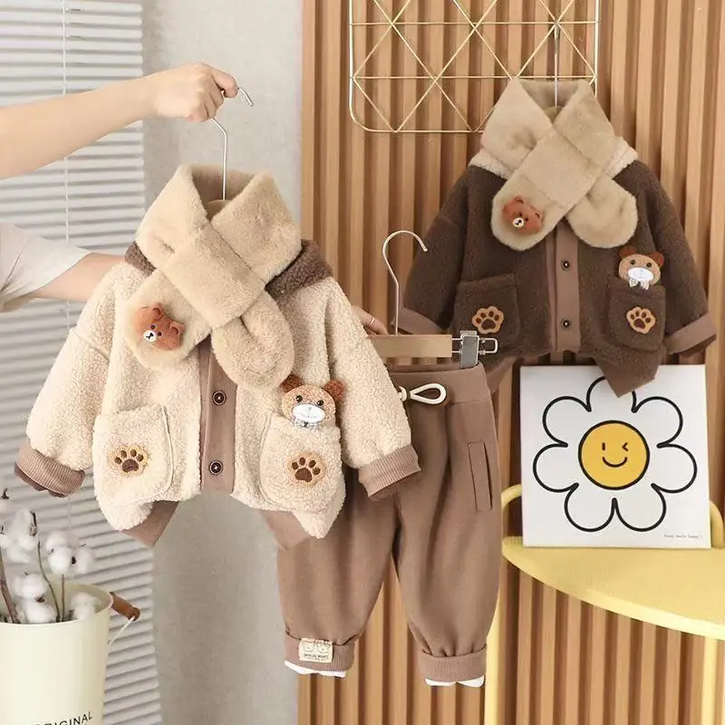 

Girl Baby Clothing Set Boys' Winter Plush Set 2025 New Fashionable Baby Children's Thick Coat Pants Two Piece Set Kids Outfits
