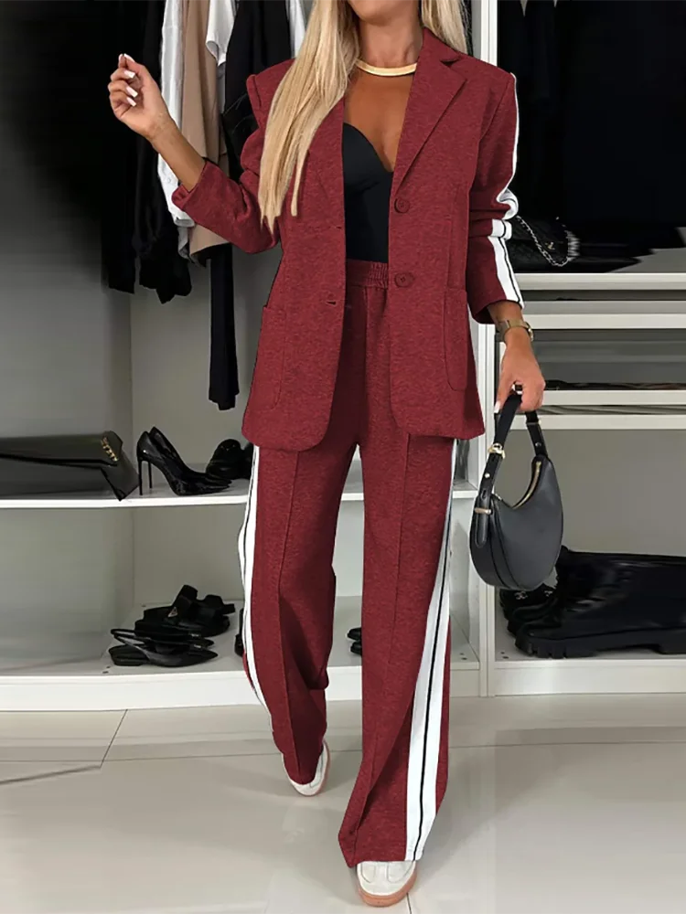 Wide Leg Pants Two Pieces Pant Suits, Women Autumn Winter Long Sleeve Fashion Blazer Sets, V Neck Top Patchwork Ladies Outfits