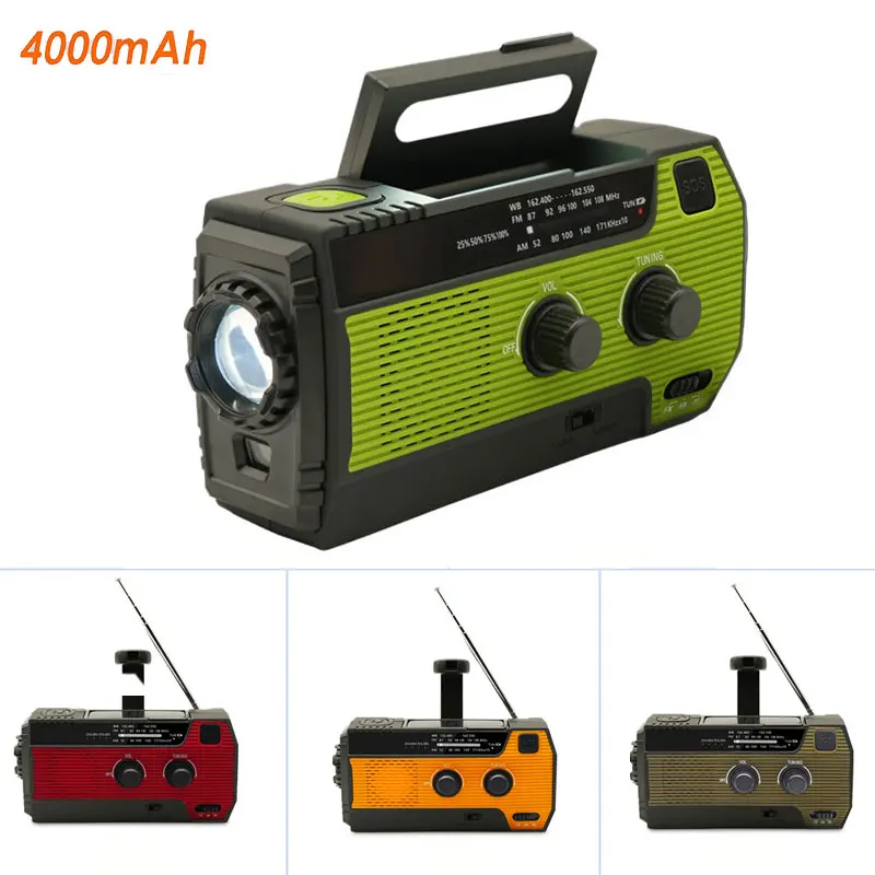 

4000mAh Emergency NOAA Weather Alert Radio Hand Crank Solar Radio with Battery Operated Flashlight SOS Alarm for Outdoor