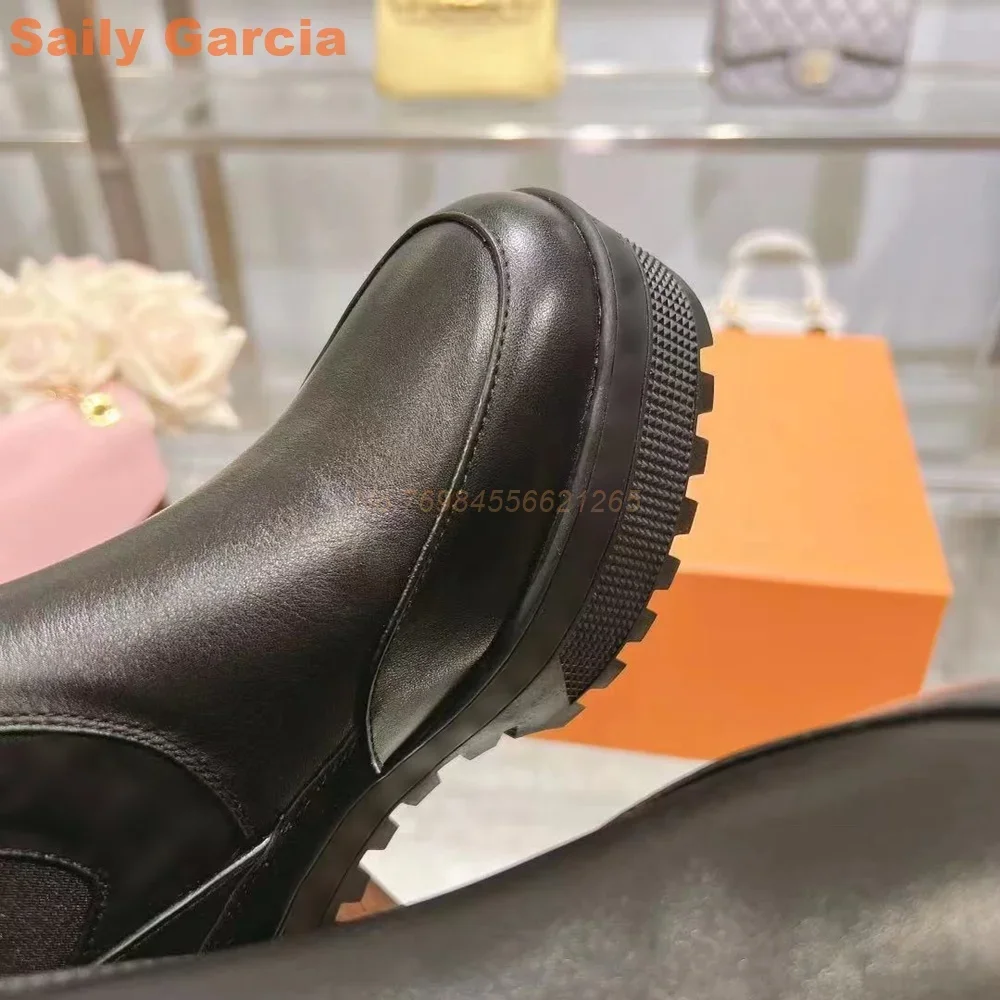 Thick Chunky Ankle Boots Splicing Belt Buckle Black Green White Real Leather Elastic Band Luxury Brand Women Shoes Slip On