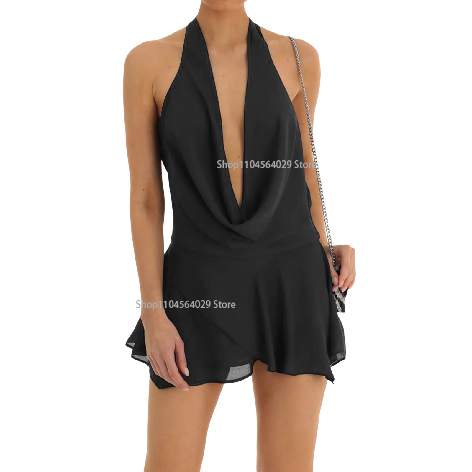 

Women Cowl Neck Halter Neck Ruffle Hem Backless Sheer Mesh Black Mini Dress Sexy Party Club Bodycon Short Dress