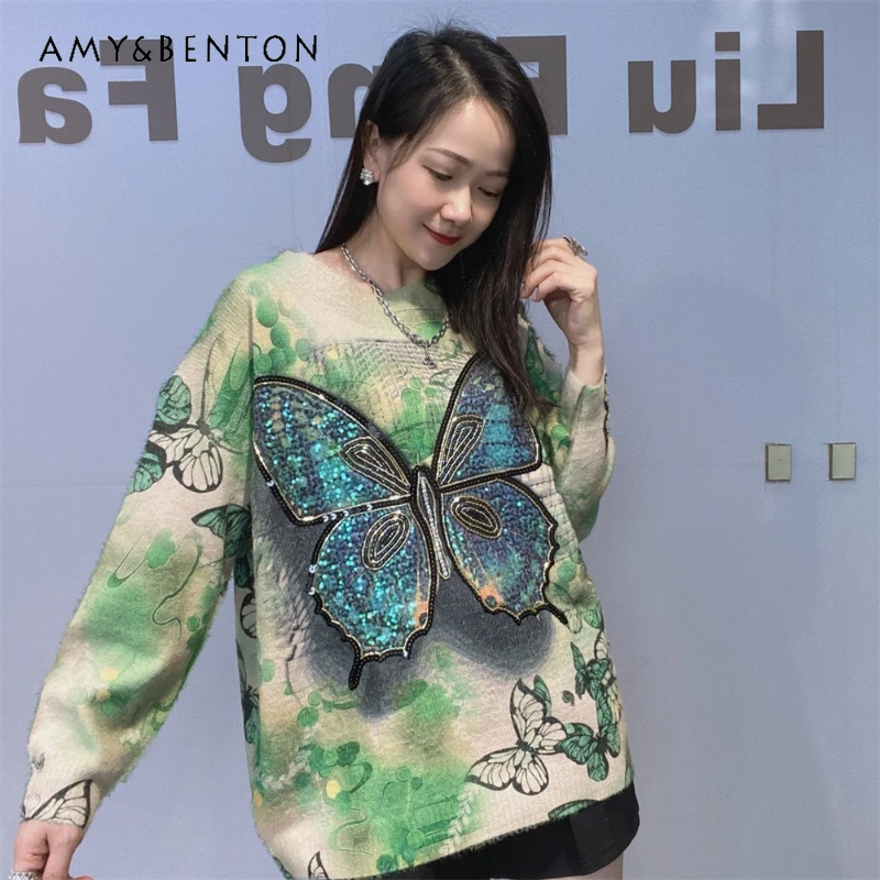 

European Style Women's Winter New Heavy Embroidery Waterproof Mink Fur Knitted Sweater Long Sleeves Crew Neck Sequin Knitwear