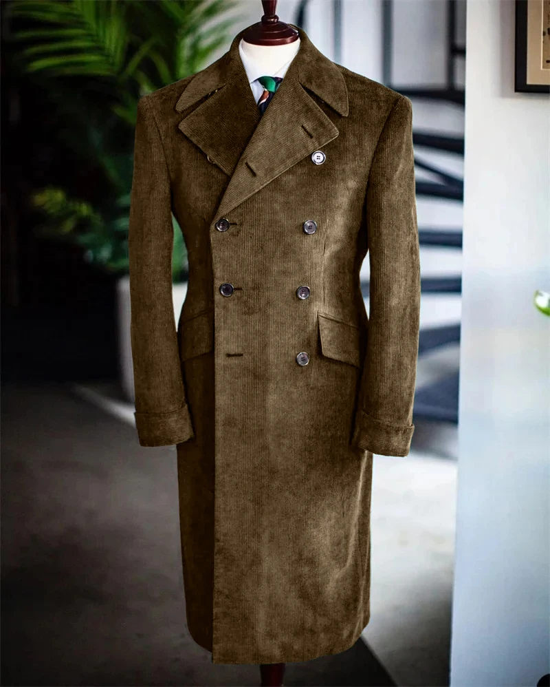 

Corduroy Long-line Blazer Double-breasted Vintage Style Men's Fashionable Casual Long Coat Wedding Photography Formal Wear With