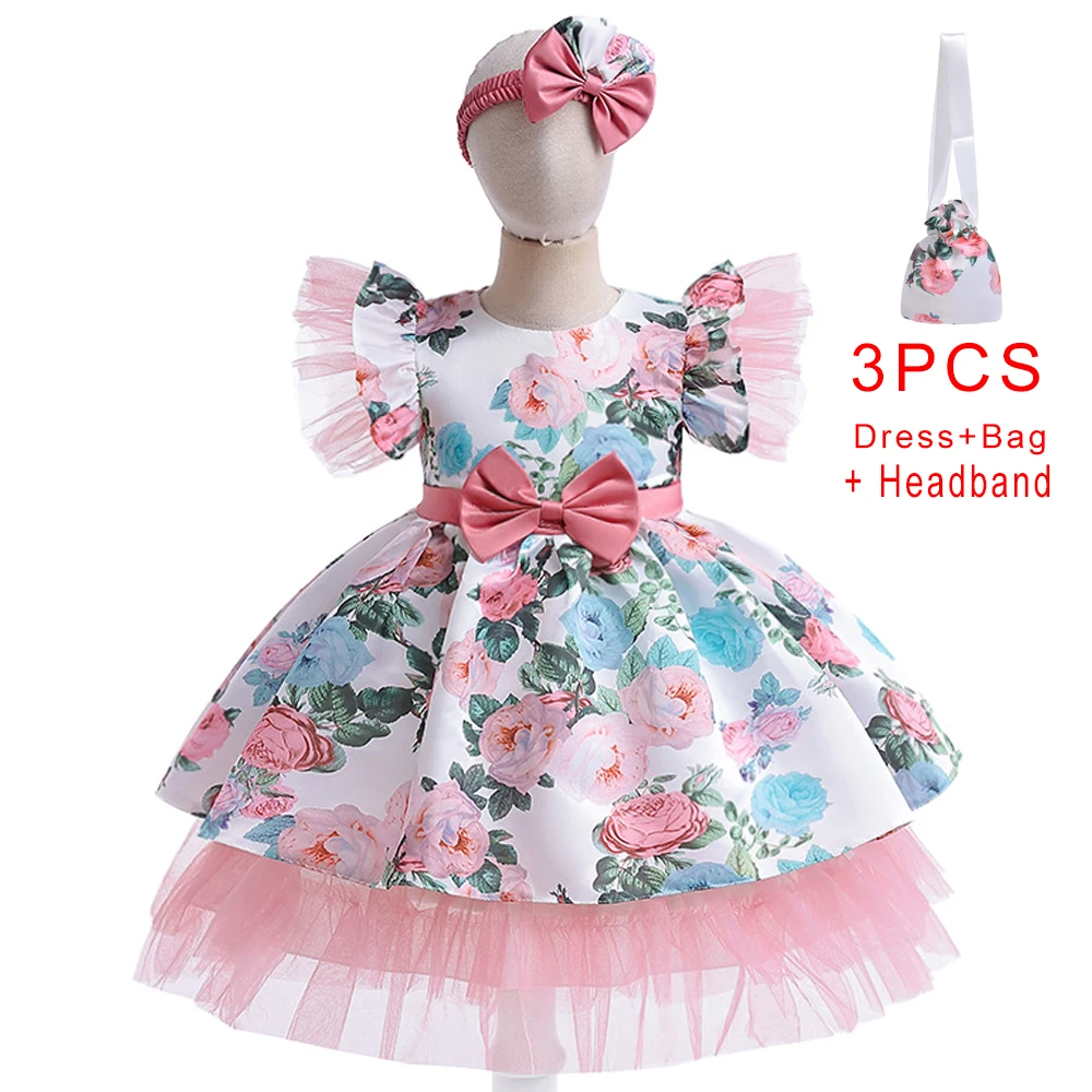 Bow Girls Flower Print Party Dress Princess Wedding Prom Kids Dresses for Girl Birthday Pink Bridesmaid Summer Evening Costumes