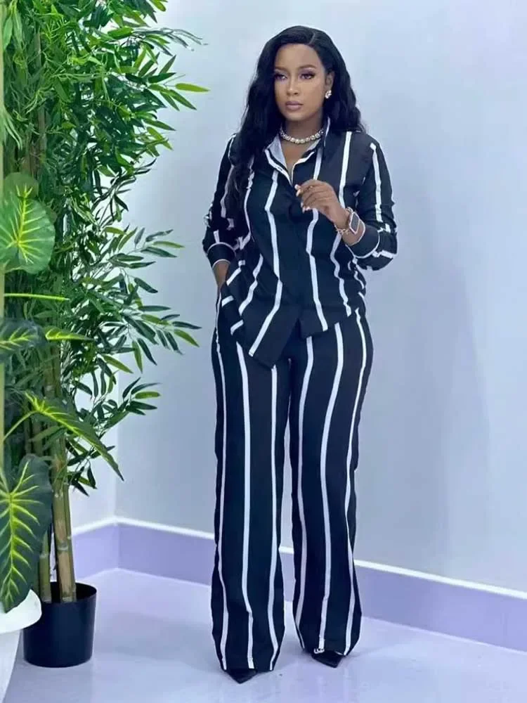 

Chic and Elegant Woman Set Long Sleeve Autumn Striped Shirt and Pants Streetwear Female Two Pieces Sets Wholesale Dropshipping