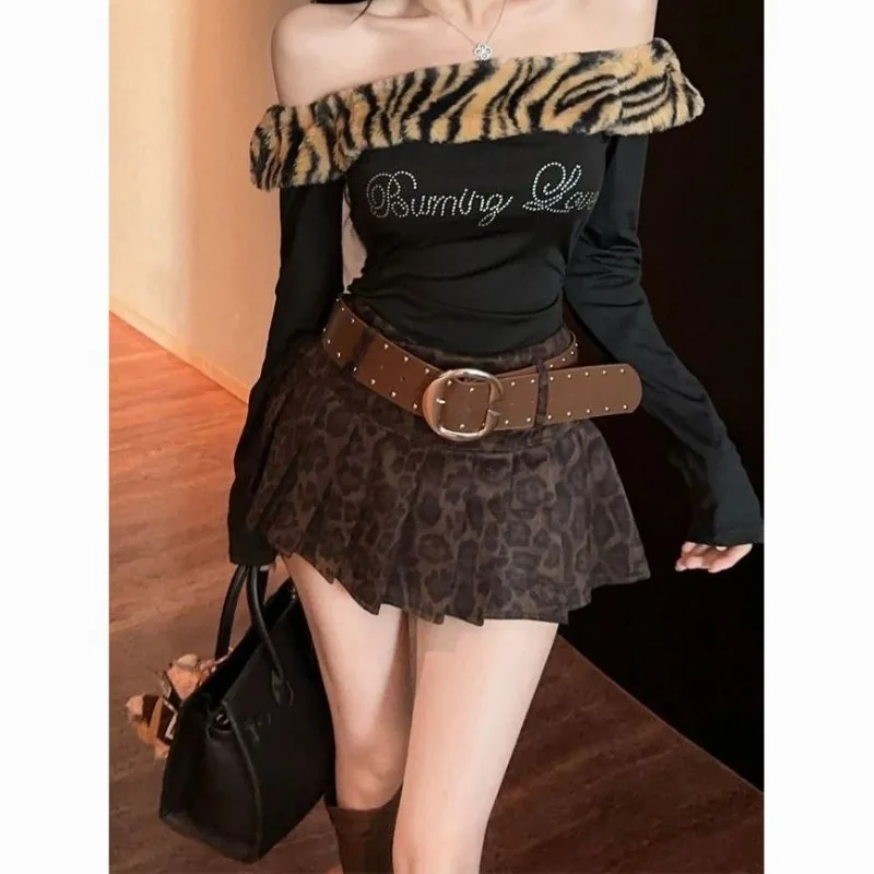 Womens High Waist Leopard Print Pleated Mini Skirt With Rivet Wide Belt Built In Shorts Skort
