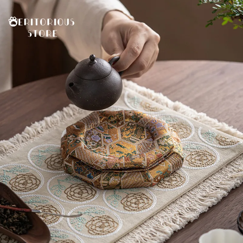 الوقايات الصينية الأصلية الجديدة زن أغنية الديباج قاعدة أكواب شاي قواعد أكواب مثمنة لتغطية حامل الكأس اليدوية أسفل الوعاء #2