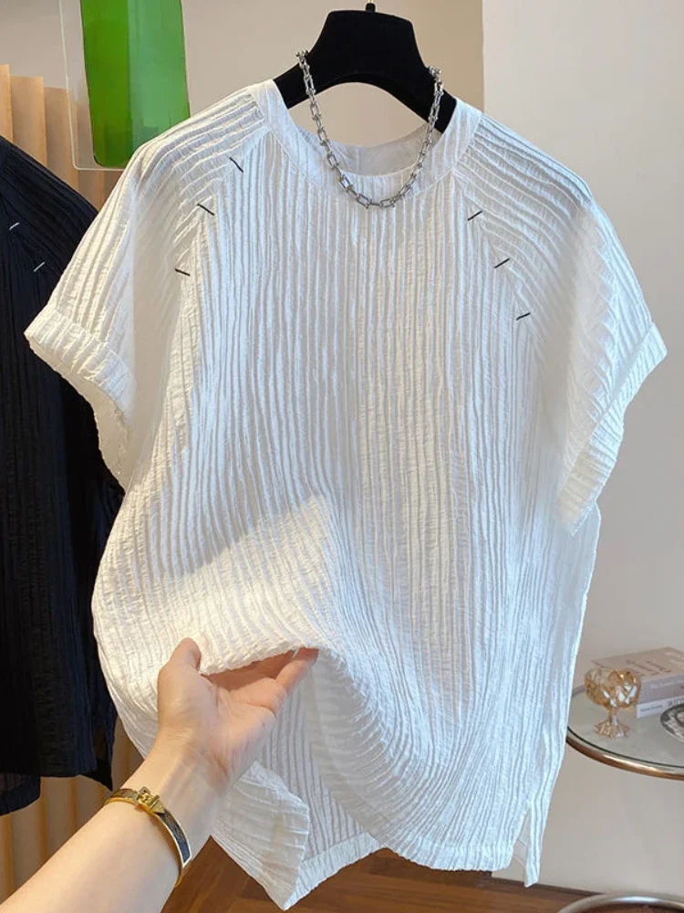 Chemisiers Vintage français à manches courtes, col rond, Patchwork, plis, chemises amples décontractées pour femmes, vêtements simples assortis avec tout, XT607