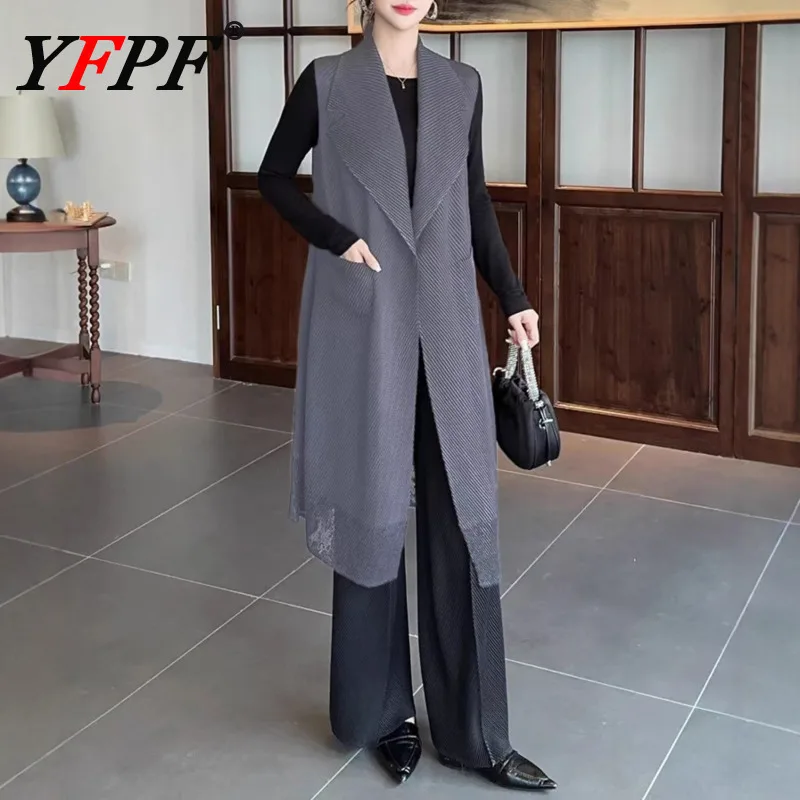 

YFPF Office Lady Miyake Pleated Long Coat For Women Sleeveless Solid Color Fashion Vest Jacket 2025 Autumn New Clothing