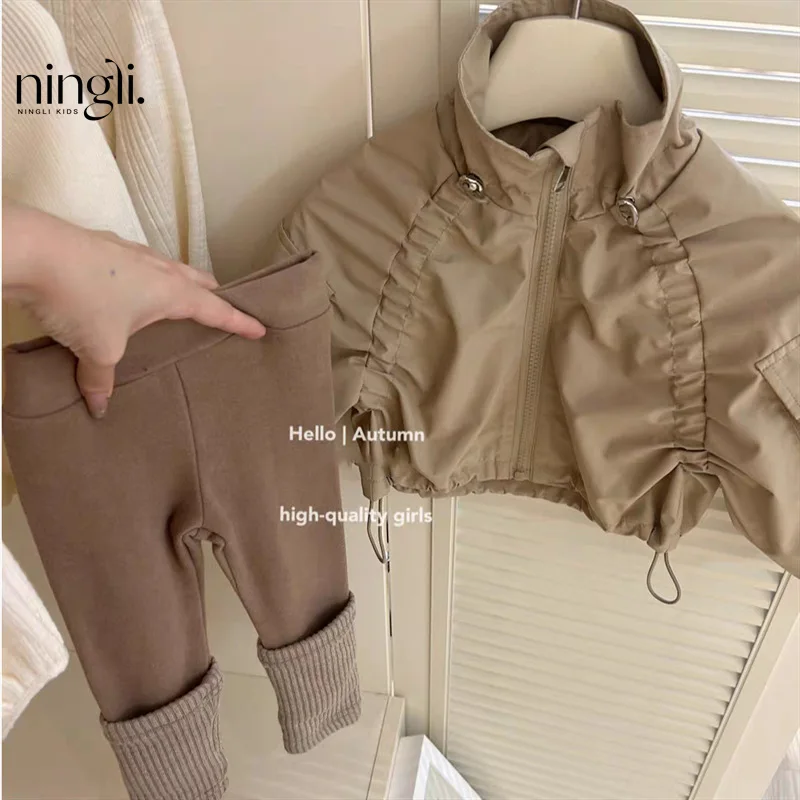 

NL-South Korea Girls2024Spring and Autumn New Khaki Coat Female Baby Western Style Brown Leggings Two-Piece Set