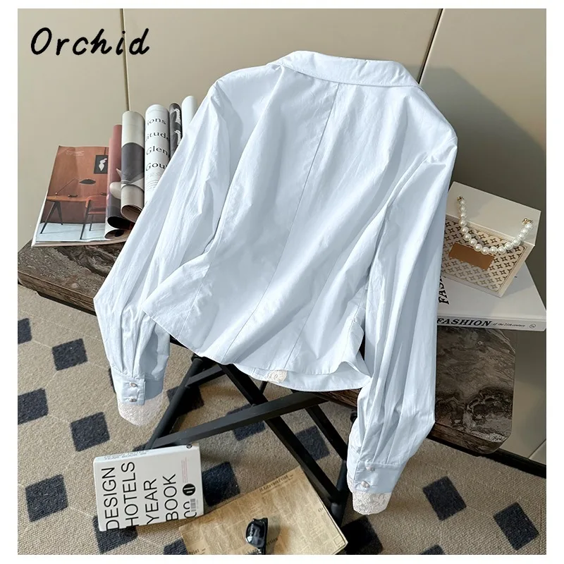 2025 夏の女性のカジュアルギャルファッションレースパッチワークシャツホットスウィートスタイルターンダウン襟長袖エレガントなブラウス