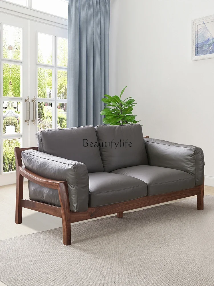 

Black walnut solid wood sofa small apartment Nordic style modern simple leather sofa