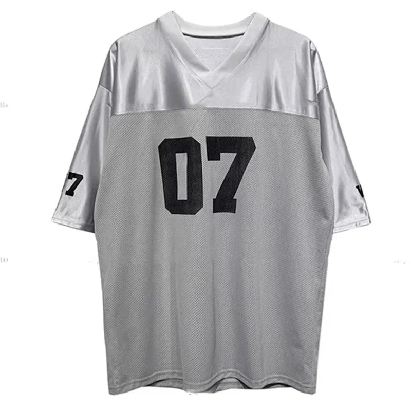 American Streetwear  Basketball Sport Shirt  Women Patchwork Contrast Color V-neck Short Sleeve Number Seven Loose Tees Summer