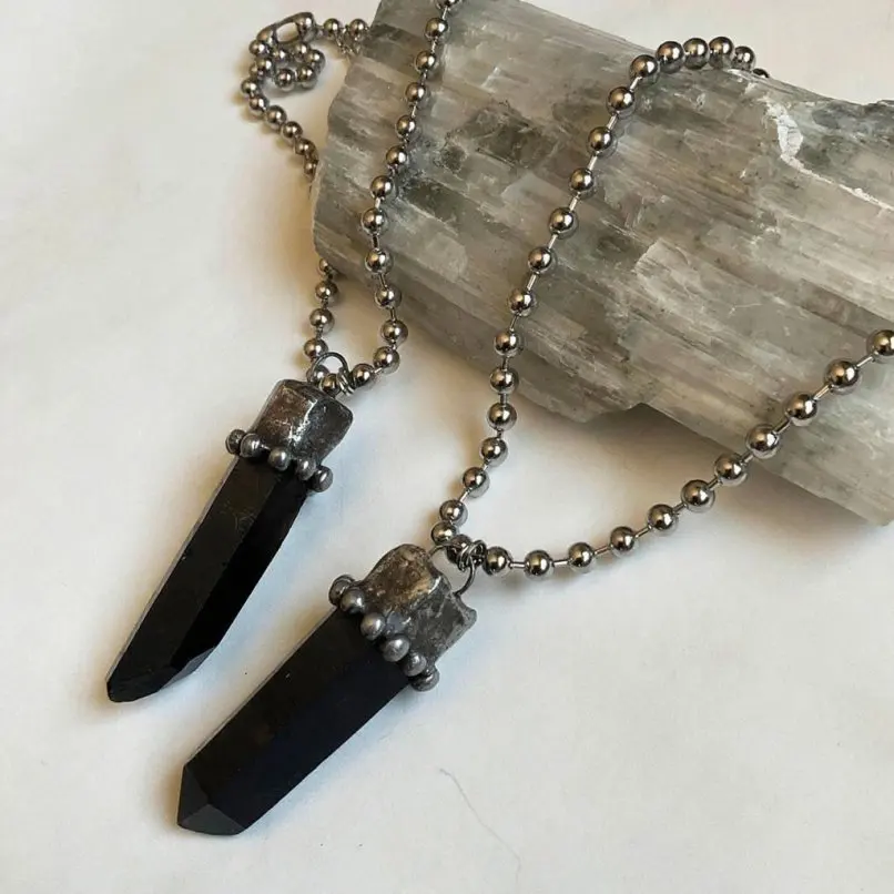 Smoky Morion Crystal Free Form Necklace Handmade Vintage Soldered Antique Silver Plated 16inch Jewelry For Women