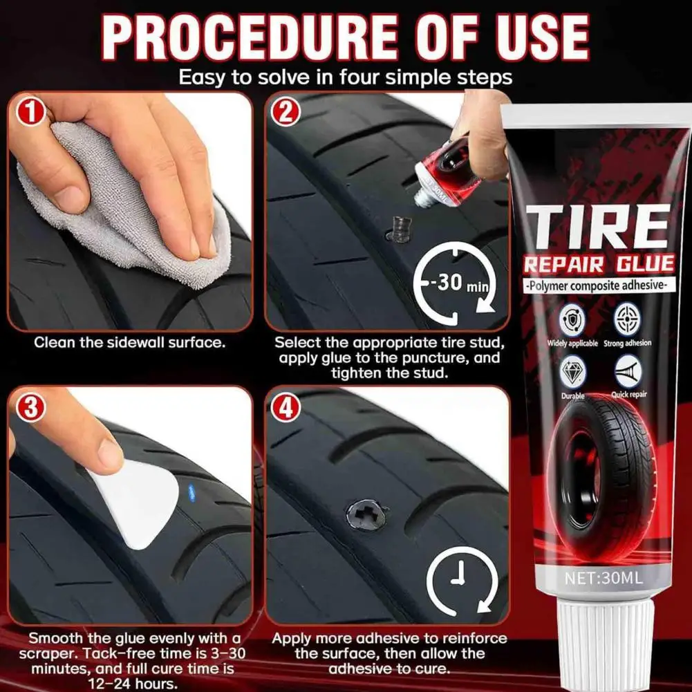 Tire Puncture Repair Kit Tire Repair Kit with 30ml Glue Self-tapping Tubeless Plugs Tool Permanent Puncture Repair for Car