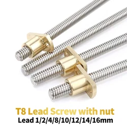 T8 8mm Trapezoidal Stainless Steel Threaded Rod Lead Screw & Brass H Nut for 3D Printer 117/130/132/190/350/380/500mm Length