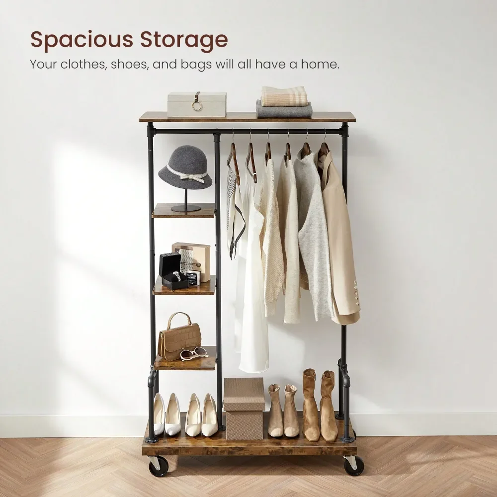 

Clothes Rack, Clothing Garment Rack On Wheels, Rolling Clothes Organizer With 5Tier, Industrial Pipe StyleCoat Rack BackToSchoo