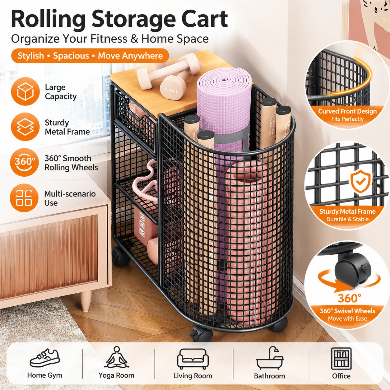 Yoga mat storage basket, large capacity fitness equipment storage rack with wheels, multifunctional exercise tool placement rack
