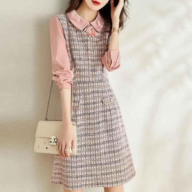 Dresses for Women Plaid Pink Splicing Woman Long Sleeve Dress Holiday Elegant and Beautiful Curvy Designer Full Korean Style Y2k