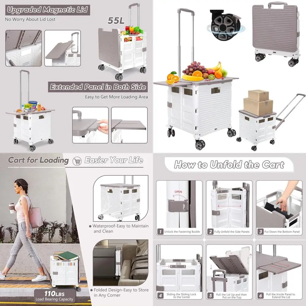 

Folding Utility Cart with 4 Swivel Wheels, Adjustable Handle, and Magnetic Lid for Storage, Shopping, and Office Use (White)