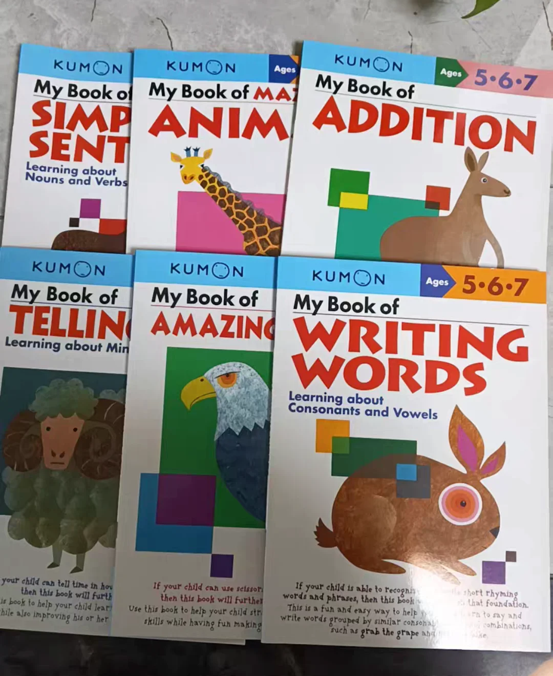 

6 Books Kumon English Workbook, My Book of Amazing Animals,Telling Time, Writing Words, Simple Sentences, Addition,for aged 5-7