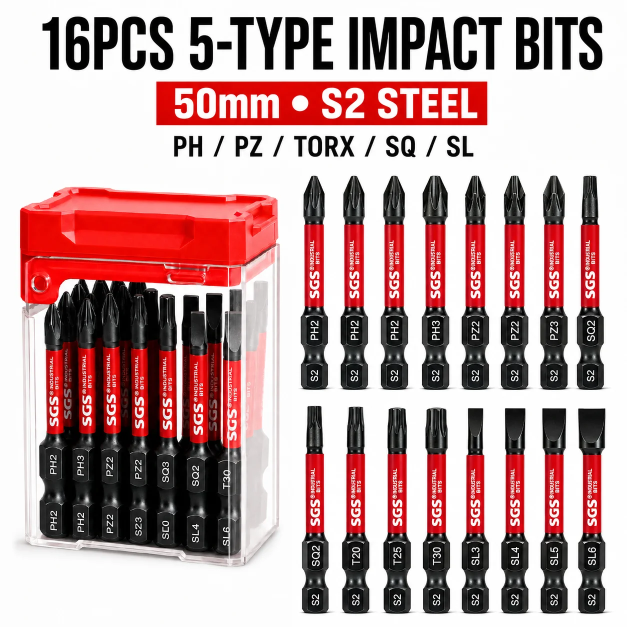 16PCS Magnetic Impact Screwdriver Bit Set, S2 Steel Drill Bits, PH2×3 PZ2×2 SQ2×2 T20 T25 T30, 50mm Multi-Type Bits with SL3 SL4 SL5 SL6 & Storage Case