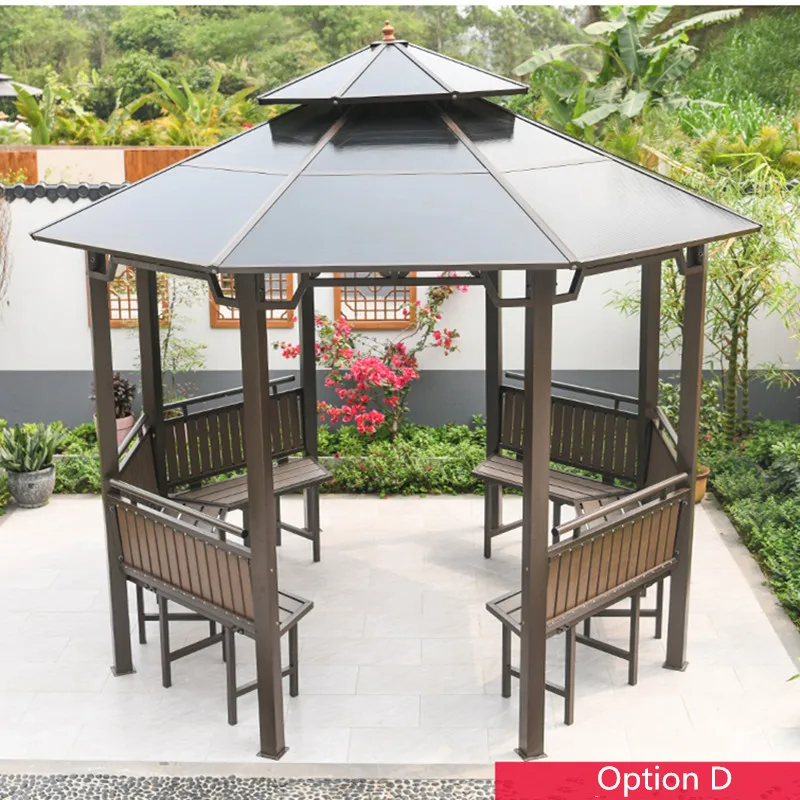 Dia 3.5meter Octagonal Pavilion Outdoor Gazebo Patio pergola Galvanized steel PC Hardtop Sun Room Carage Shelter dark brown New