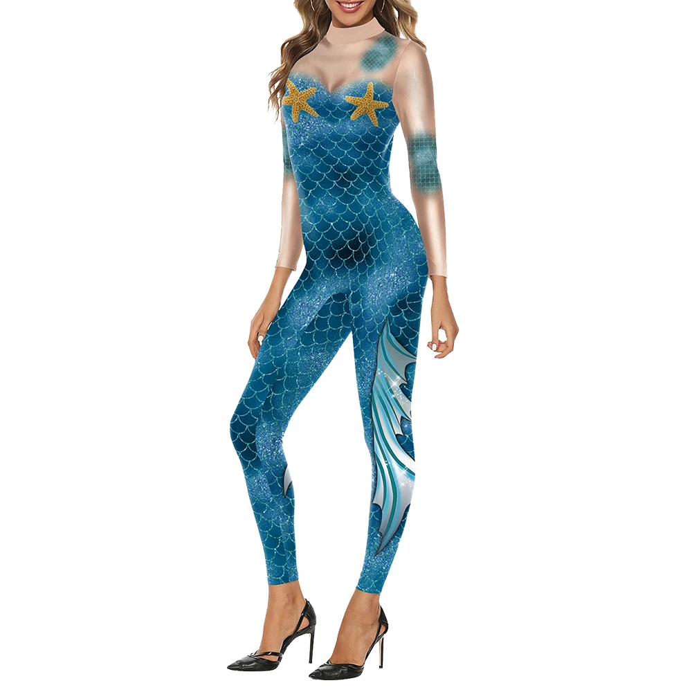 Sereia Cosplay Traje para Mulheres, Bodysuit Sexy, Impressão em Escala de Peixe, Disfarce De Férias, Macacão Feminino, Catsuit, Roupa De Festa