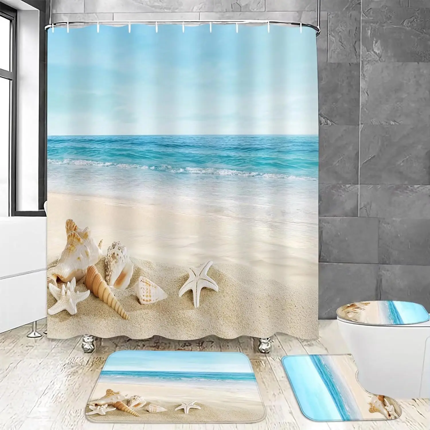 

4Pcs Summer Beach Shower Curtain Set with Non-Slip Rugs, U-Shaped Mat, Toilet Lid Cover, Waterproof, 12 Hooks