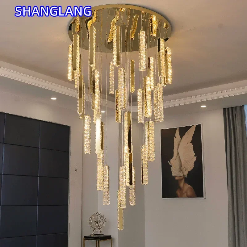 Hotel Hall Gold Chrome Steel Led Dimmable Pendant Lights Villa Stair K9 Crystal Lustre Hanging Lamp Ajustable Cable Suspend Lamp