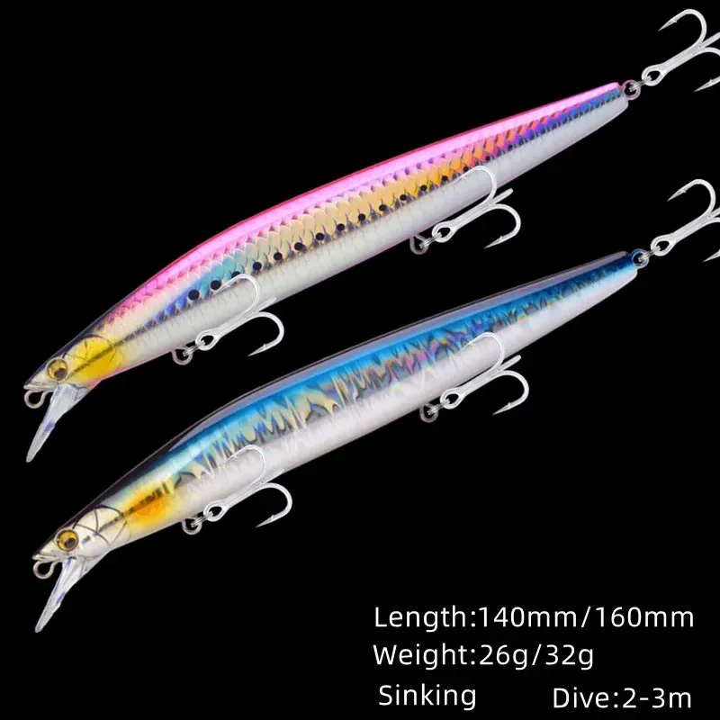 Sinkende Minnow-Angelköder, 140 mm, 26 g, 160 mm, 32 g, Wobbler, Jerkbait, künstlicher harter Köder, Seebarsch, Salzwasser-Angelköder