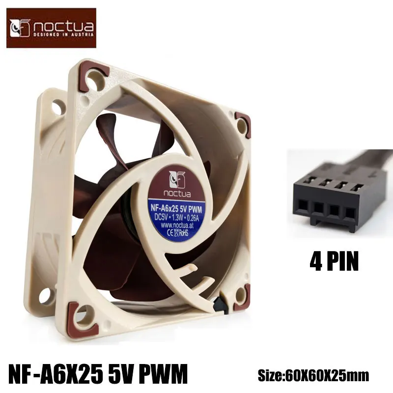 Noctua NF-A6X25 60x60x25mm 12 V/5 V 3pin/4pin PWM Intelligente Temperatuurregeling SSO Magnetisch Stabiel Lager 6 CM Fan