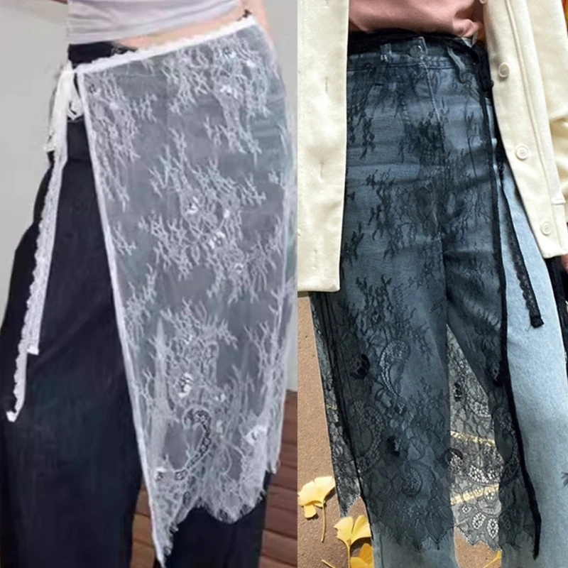 

Women Aesthetic See Through Eyelash Lace Apron Skirt Vintage Tie Up Flower Pattern Sheer Covering Overskirt Streetwear Dropship