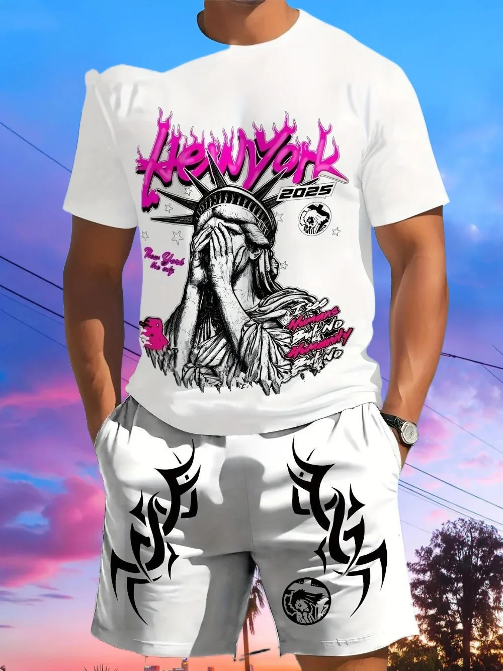 

25/26 Hot Selling New Men's Statue of Liberty Printed Round Neck Breathable T-shirt and Shorts Outdoor Comfortable Two-piece Set