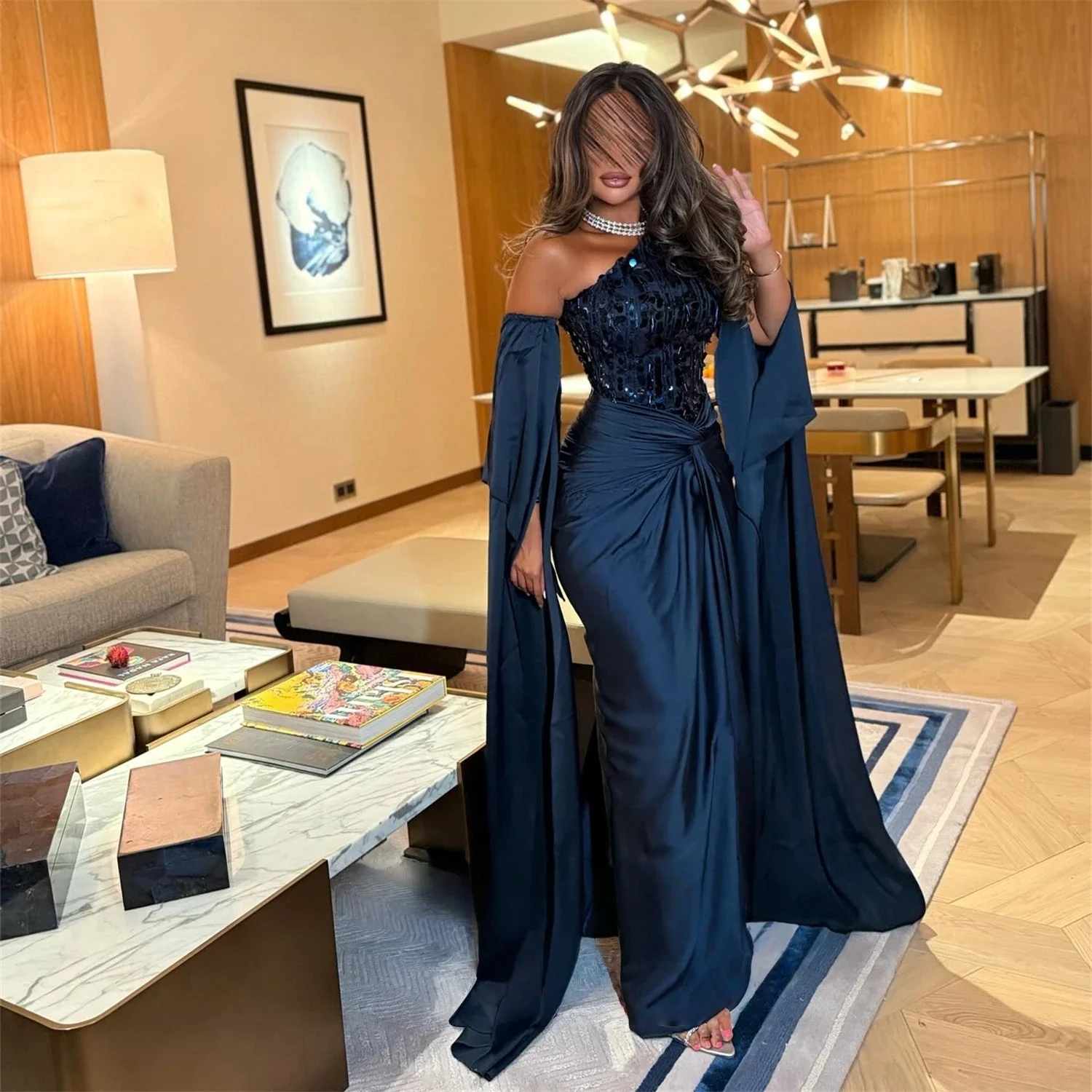 

Blue Sequins Formal Long Bespoke Occasion Gown Evening Dresses Prom Pastrol Unisex Jersey Retro Dubai Saudi Arabic Customized