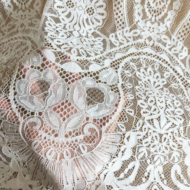 New Style Eyelashes Pressure Yarn Thick Soft Lace Fabric Wedding Dress Off white  Geometric Flower Decoration Accessories