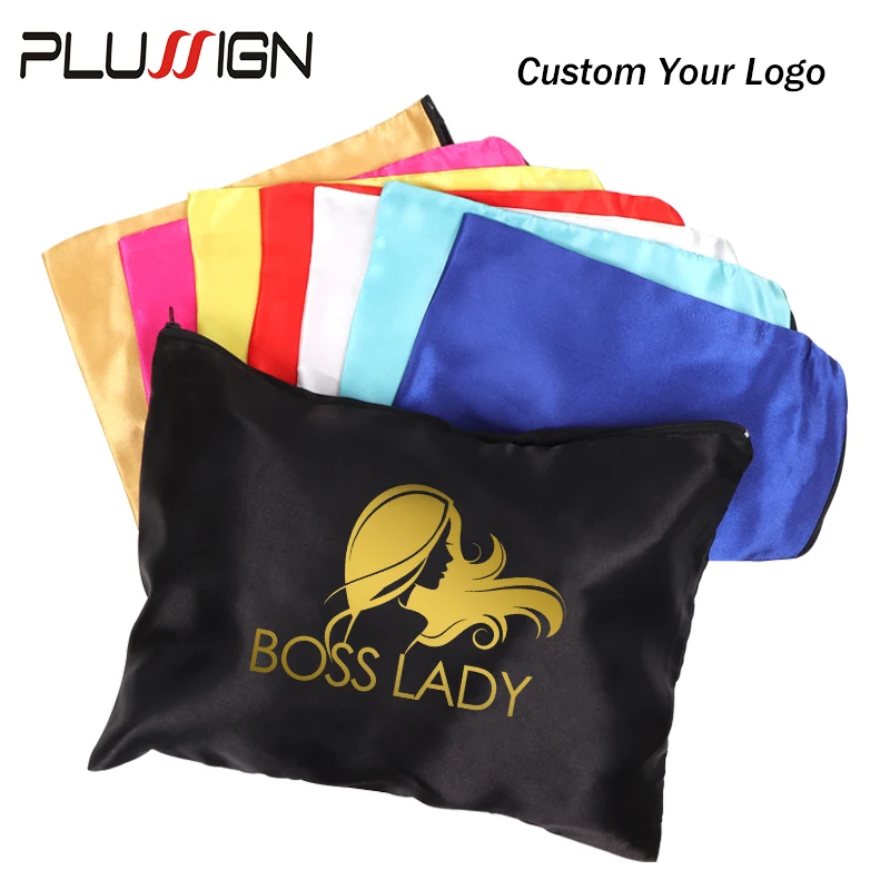 Custom Logo 100Pcs Satin Wig Bag For Storage Wigs Hair Extensions 25*35Cm Silk Bag With Zipper Anti-Dust Portable Travel Wig Bag