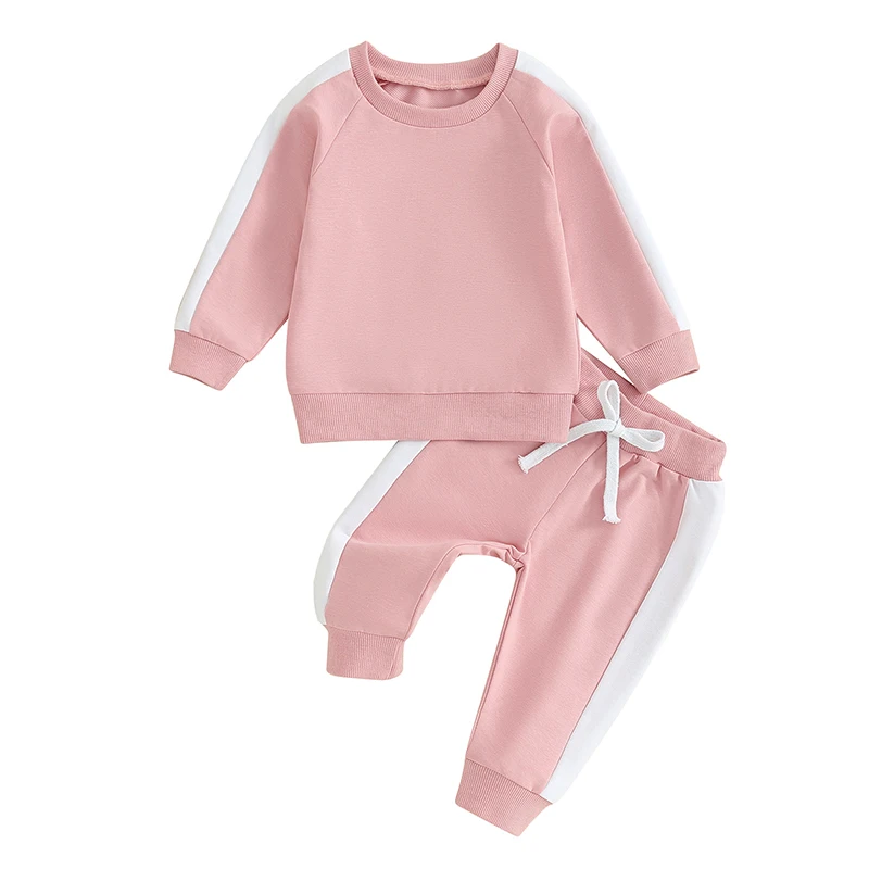 

Baby Girls 2-piece Outfit, Contrast Color Long Sleeve Crew Neck Sweatshirt with Elastic Waist Sweatpants Fall Clothes