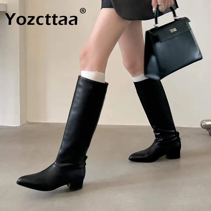 

Yozcttaa Size 34-40 Women Knee Boots Genuine Leather Wide Calf Long Tall Boots Thick Block Mid Heel Shoes Fall Winter 2024 Dress