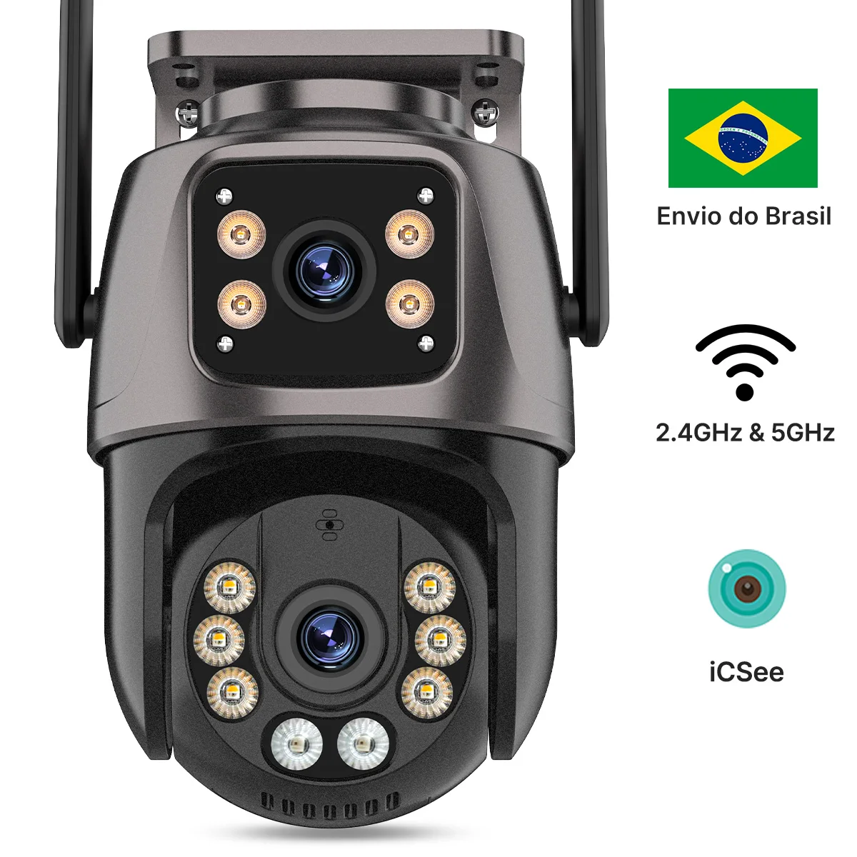 Câmera de segurança P2 WiFi PTZ com rastreamento automático, câmera de rede sem fio com duas lentes, câmera CCTV iCsee