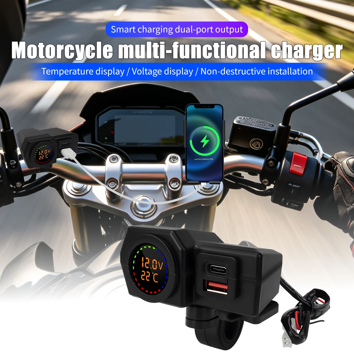 Motorcycle TYPE-C USB Square Dual Super Socket QC3.0 Fast Charger Mirror Handle Style Voltmeter 12V Power Supply Adapter Kit
