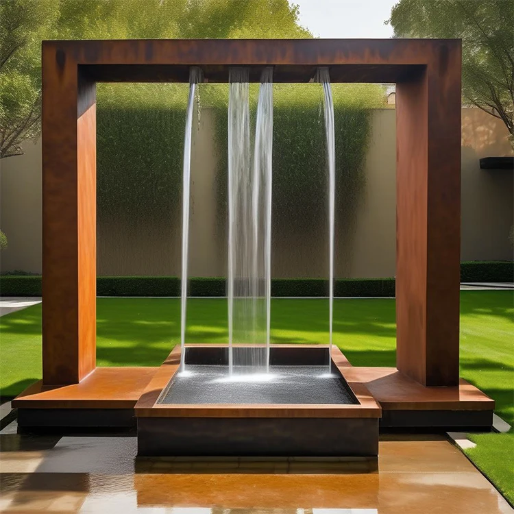 

Artistic Weathering Steel Waterfall & Spray Feature | Unique Outdoor Water Decoration for Real Estate