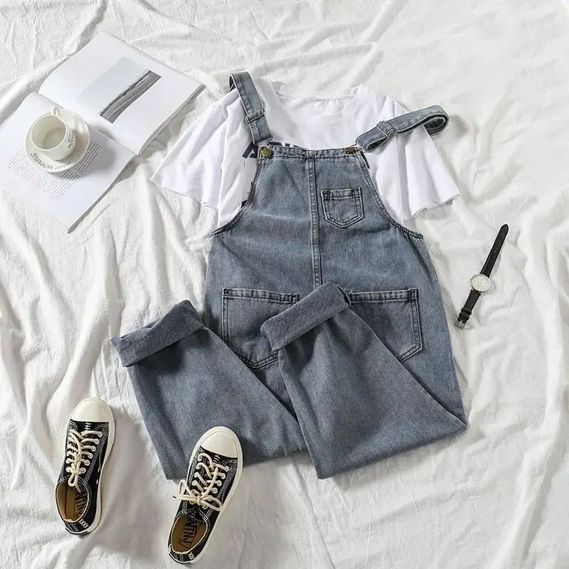 Denim Jumpsuits Women Vintage Streetwear Korean Style High Waist Jumpsuit Retro All-match Pockets Loose Suspenders Trousers Chic