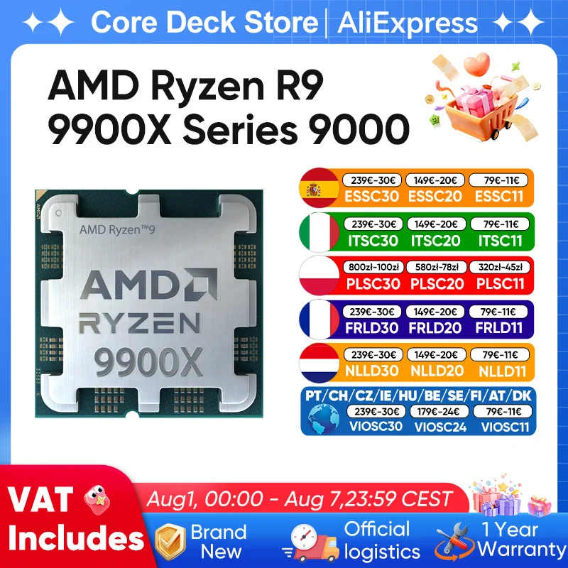 Processore AMD Ryzen 9 9900X 4.4GHz 12 Core 24 Thread Zen 5 192GB DDR5 5600MHz 140MB Game Cache 4NM TDP 120W Socket AM5 CPU per Gaming