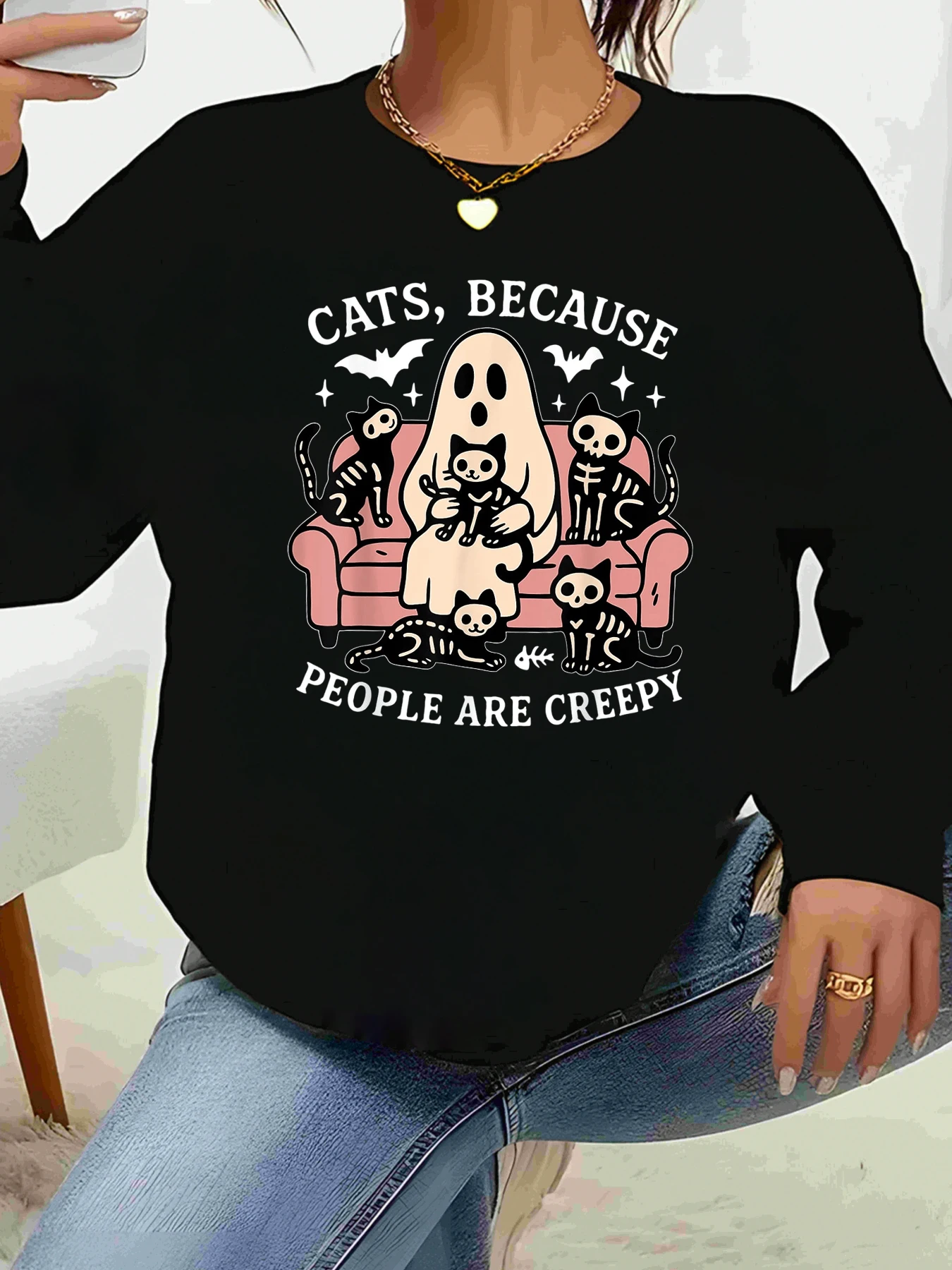 Cats because People Are Creepy Ghost and Cats Print Halloween Long Sleeve Sweater Casual Wear Women