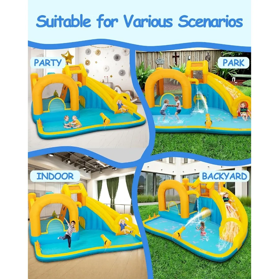 어린이용 에어 슬라이드, 대형 수영장과 긴 슬라이드가 있는 물놀이 공원, 등반 기능이 있는 에어 바운스 하우스
